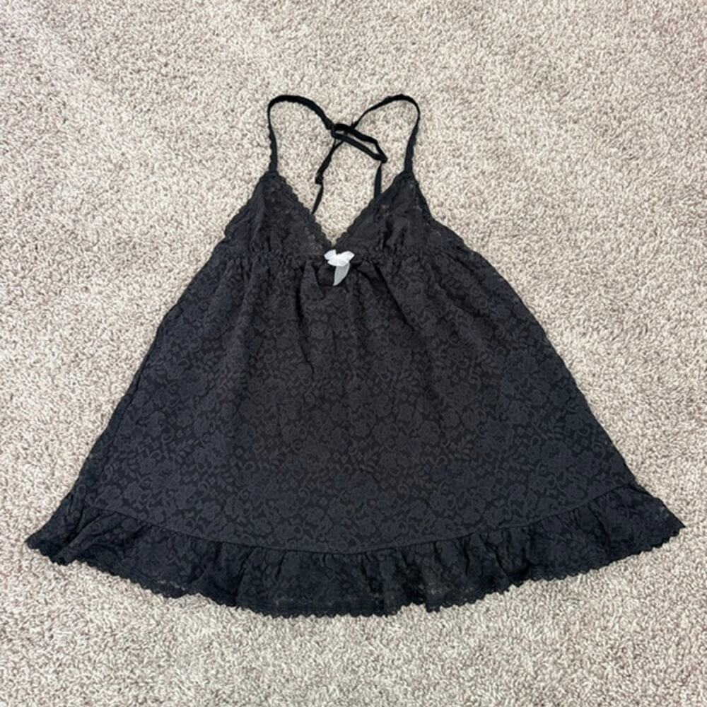Victoria's Secret Black Lace Babydoll Nightie Set Women's Medium Ruffle Bows